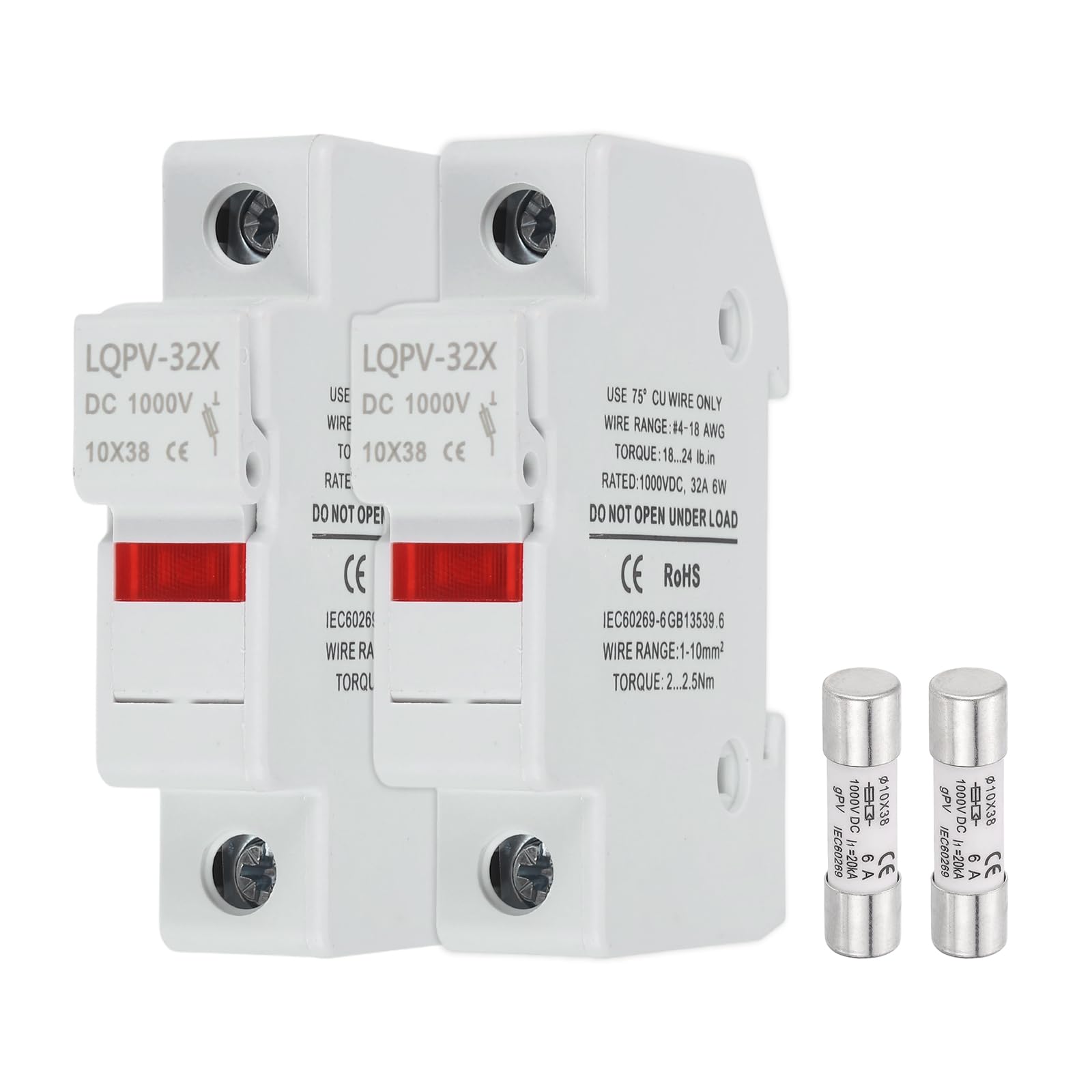 sourcing map Din Rail Fuse Holder with 1 Core Block,10x38mm 4-18AWG Single Pole Solar/Photovoltaic Fuse Holder DC 1000V 6A with Light Indicate for Solar PV Systems Battery Protect,Pack of 2