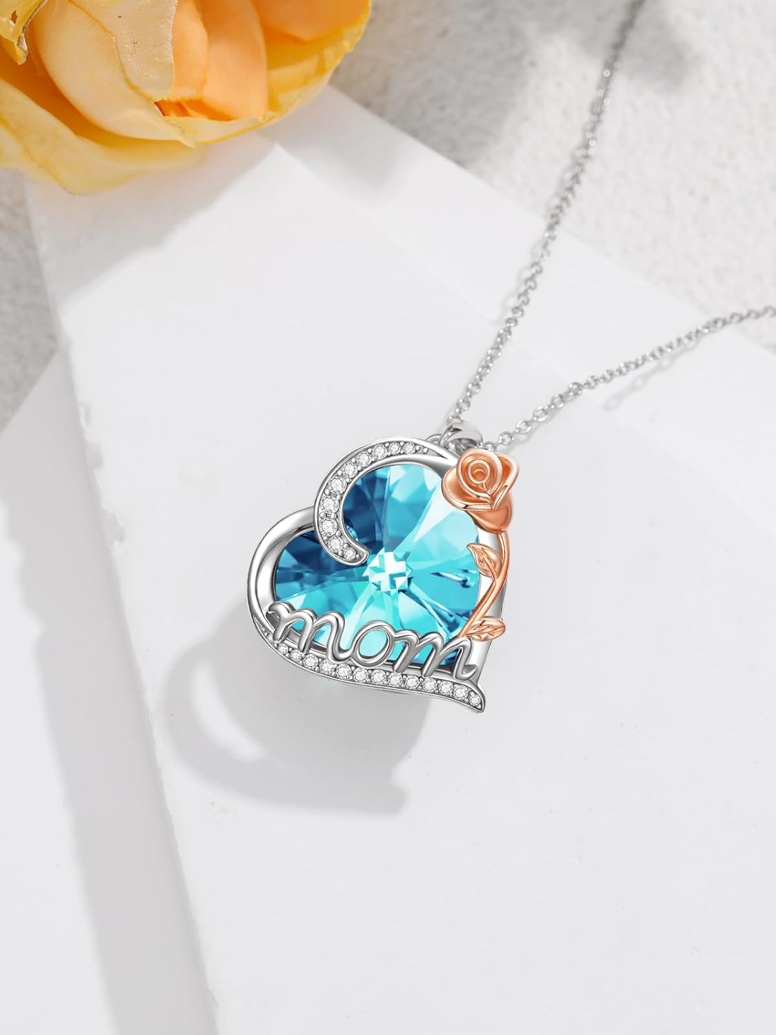 OCJ Birthstone Heart Necklace 925 Sterling Silver Rose Flower Pendant Necklaces Jewelry Gifts for Mom Women Mother Grandma Birthday Christmas Gift for Mom - Image 6