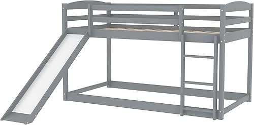 Miniatura 9 de Literas de tamaño individual sobre individual litera de madera con tobogán litera baja para niños con escalera litera de piso para niños pequeños no