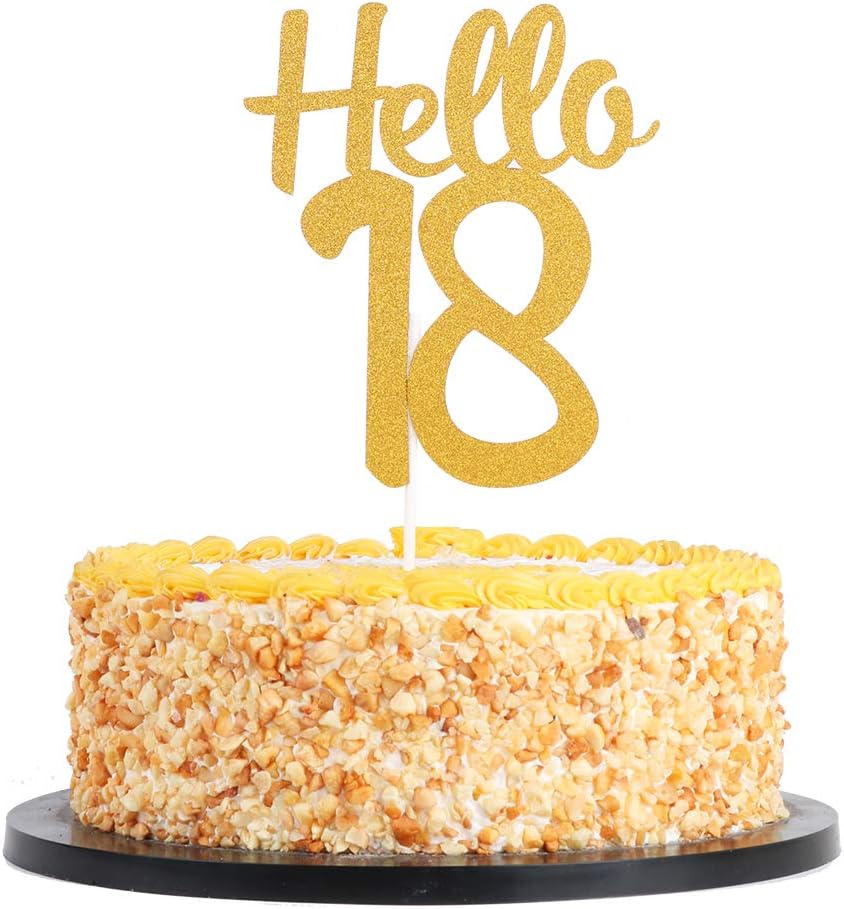 Gold Glitter Hello 18 Cake Topper, Cheers To 18 Years- Dirty Eighteen Cake Topper - Anniversary,Birthday Party Decoration (18th)