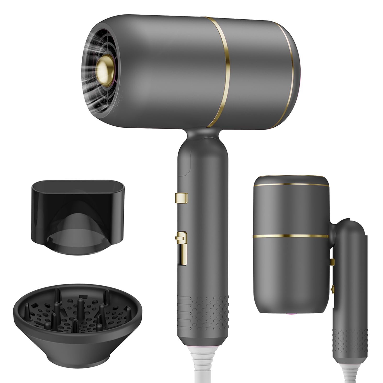 Sèche-Cheveux Pliable Moteur AC 2400W Ionique Anti-Frisottis | 3 Temp. + 2 Vit. + Air Froid | Diffuseur & Concentrateur | Silencieux Double Voltage