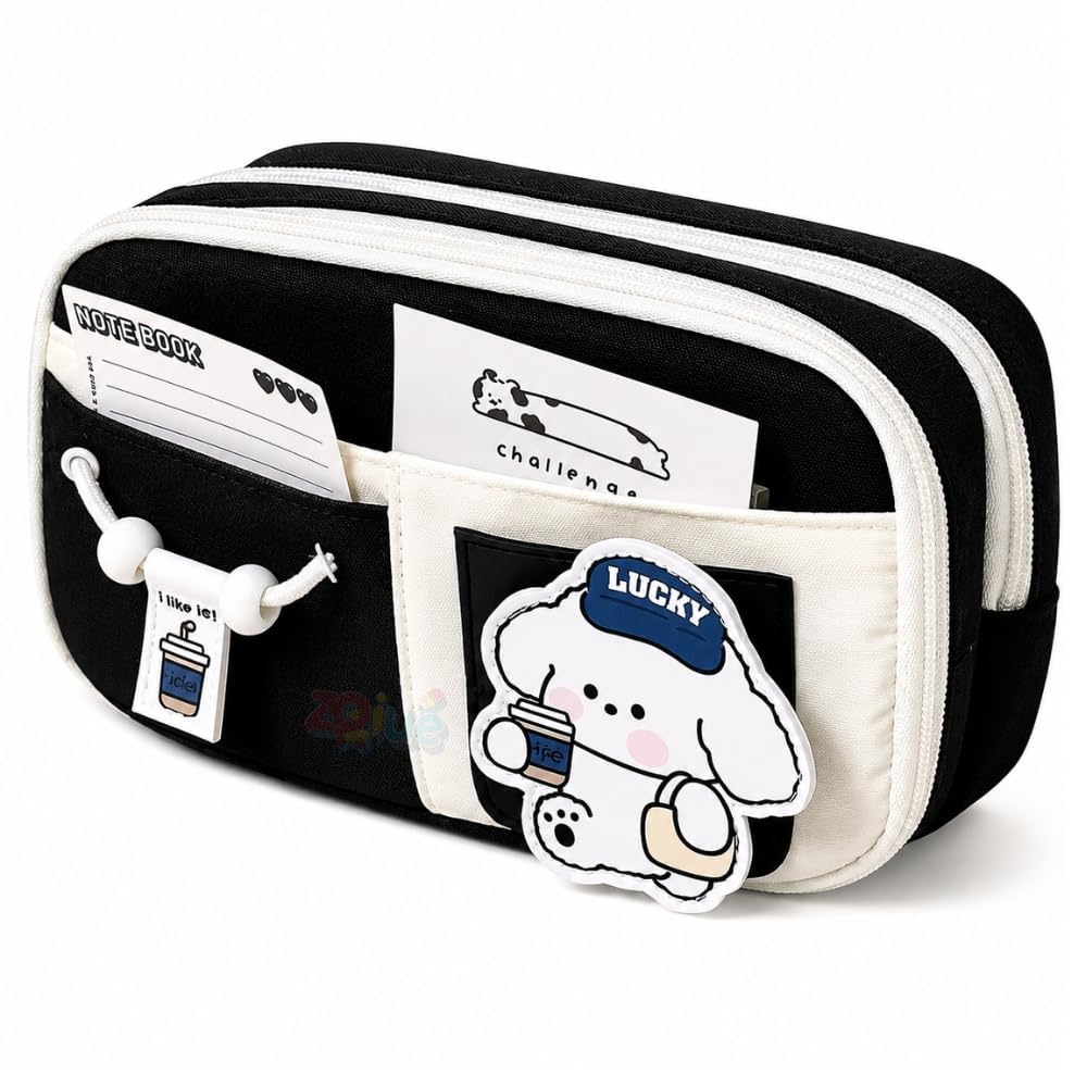 New Three Layer Canvas Cute Aesthetic Pencil Case for Girls Large Capacity Pen Pencil Pouch Compass Box for School Multifunctional Stationery Organizer (Black Lucky)-image-21