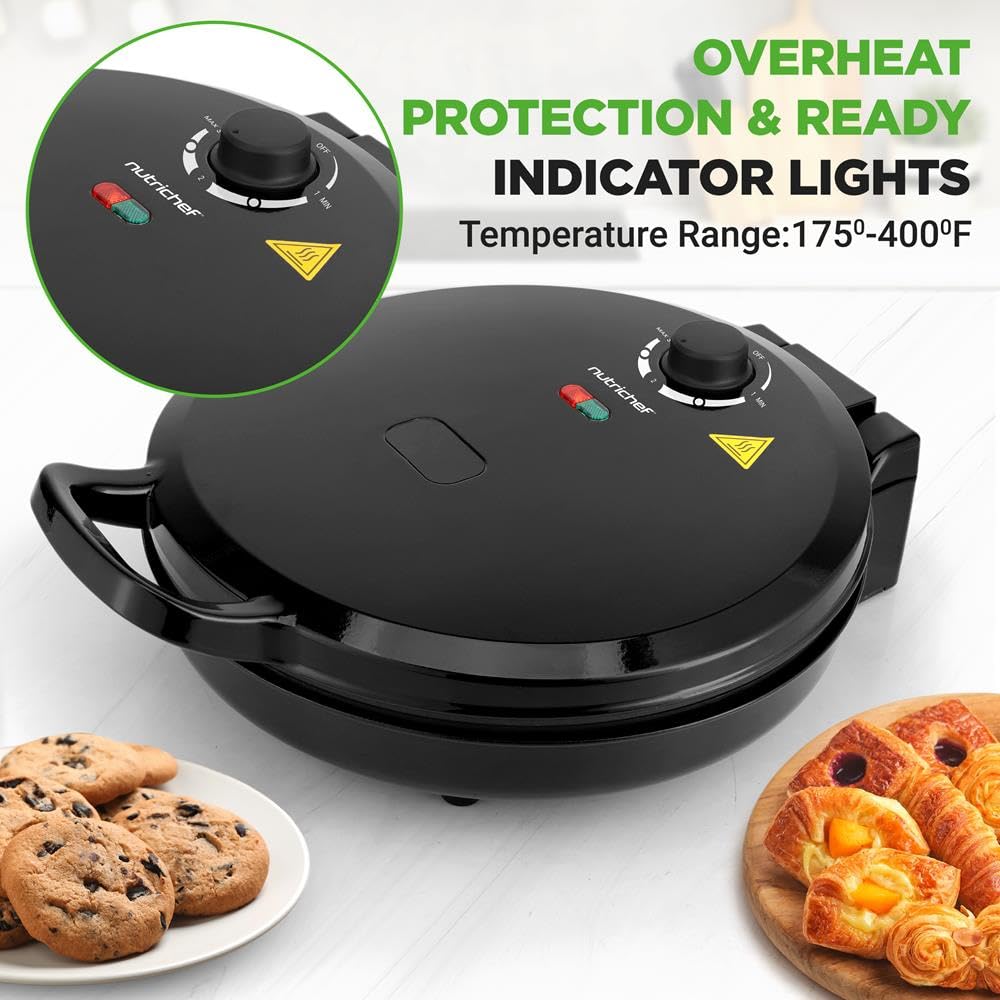 NutriChef Forno Pizza, Cuoci Pizza, Uova, Toast, Pancake e Piadina, 1500 Watt, 30 cm, 80–200°C, Manici Termici Salvaspazio, Pizza Fatta in Casa Croccante, Pizza Surgelata, per Pizzaiolo, Nero