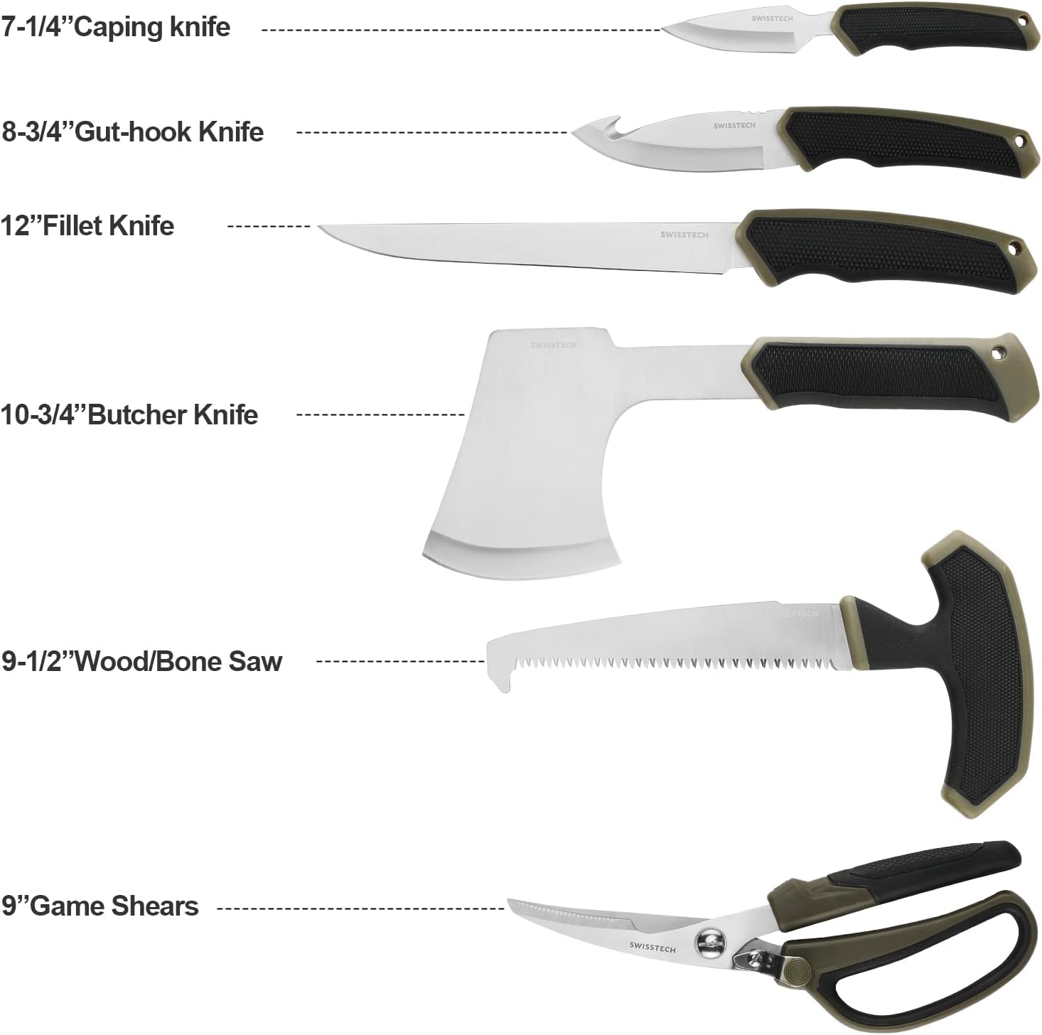 Swiss+Tech Field Dressing Kit, 10-Piece Hunting Knife Set with Caping Knife, Gut-Hook Skinner, Fillet Knife, Butcher Knife, Wood/Bone Saw, Shears, for Deer Hunting, Fishing, Camping, Survival : Sports & Outdoors