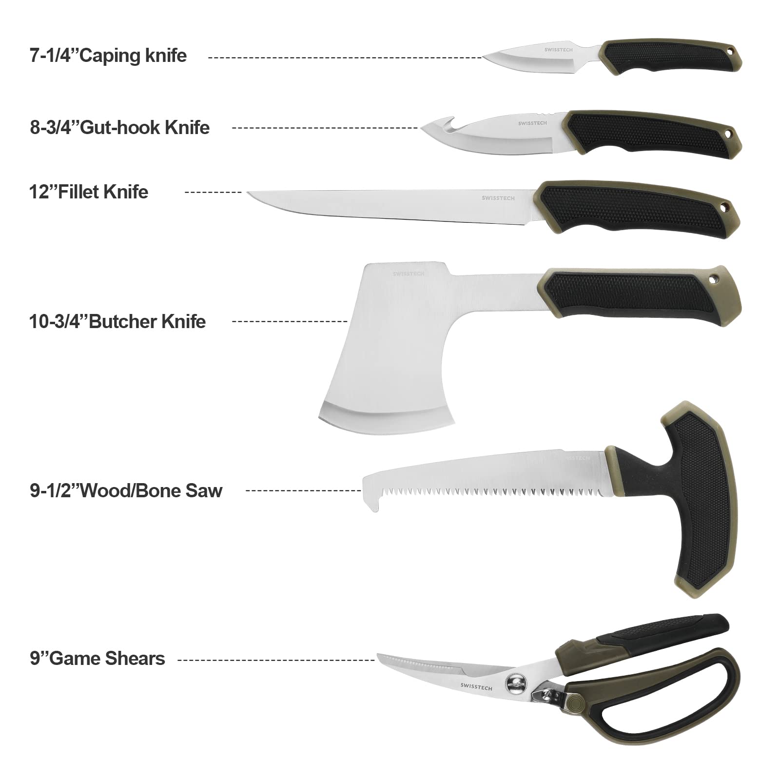 Swiss+Tech Field Dressing Kit, 10Piece Hunting Knife Set with Caping