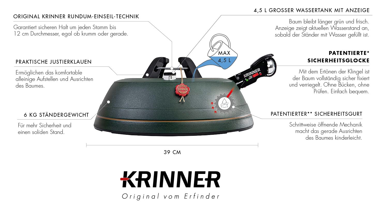 KRINNER® Ultra Grip XL Christbaumständer Weihnachtsbaumständer inkl. Einseiltechnik Fußpedal mit Sicherungsglocke und 4,5 Liter Wassertank für Baumhöhe bis 3,0m Made IN Germany 94245, Grün (Matt)