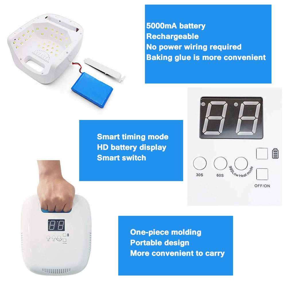 Lampada per unghie, Lampada for unghie LED senza fili da 60 W, luci polimerizzanti for smalto for unghie ricaricabili Pro Gel, asciuga unghie portatile wireless for unghia e unghia del piede