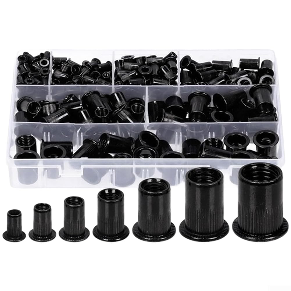 320pcs Black Zinc Plated Carbon Steel Rivet Nuts, M5 M6 M8 M10 Blind Insert Nut Kit Wood Repair, Threaded Fastener Assortment(320pcs)