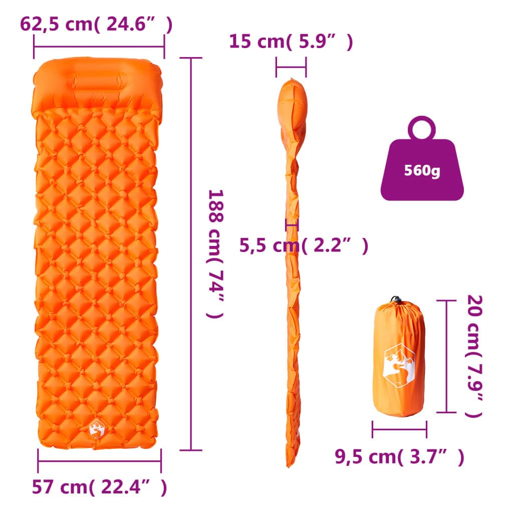 Nadmuchiwana karimata z poduszką, samopompująca, nylon 40D TPU, 188 x 62,5 cm, grubość 6 cm, 560 g, mata kempingowa dla 1 osoby, na zewnątrz, pomarańczowa