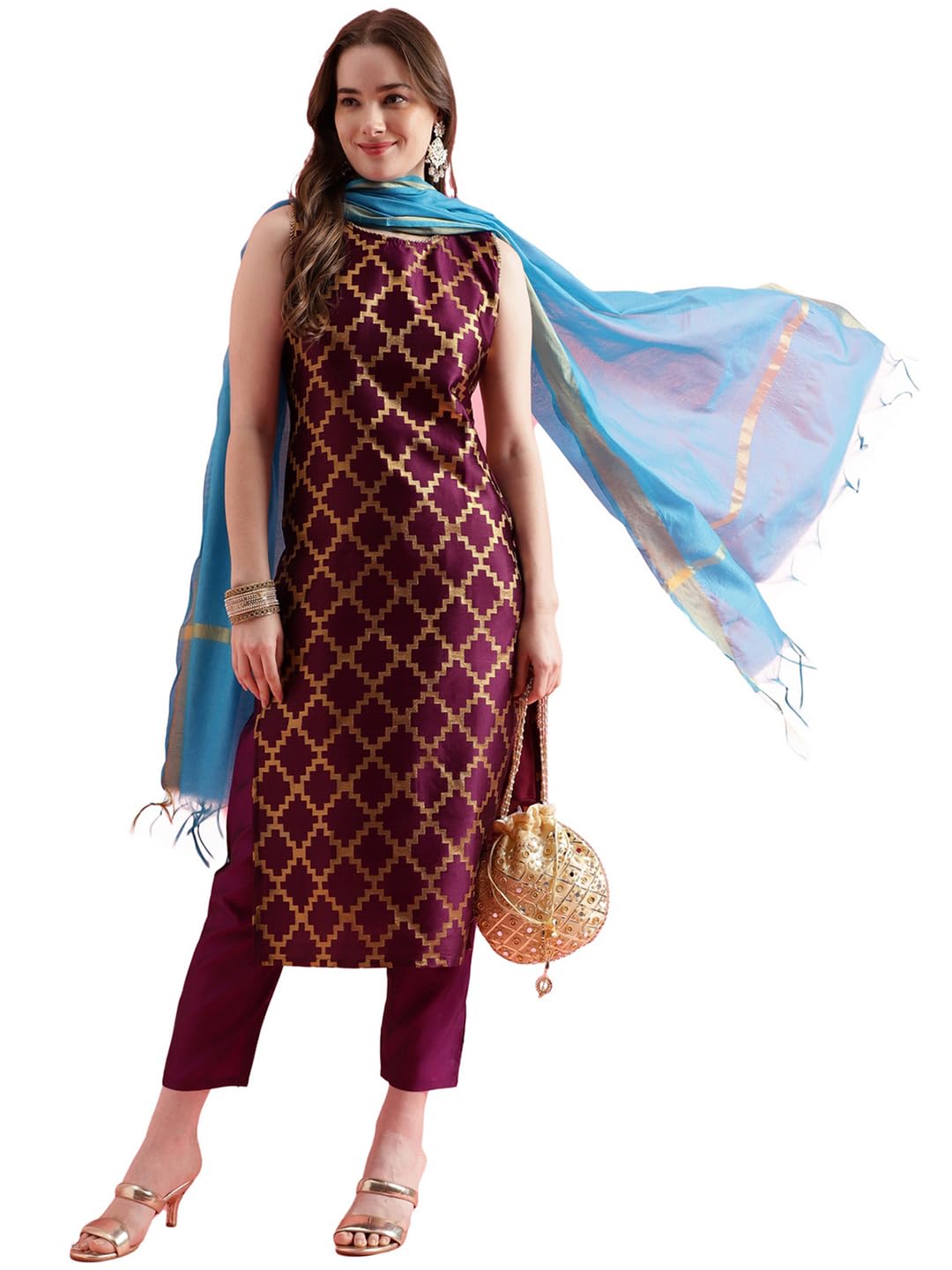 VredeVogel Women's Motifs Silk Blend Kurta Pant Set with Chanderi Dupatta
