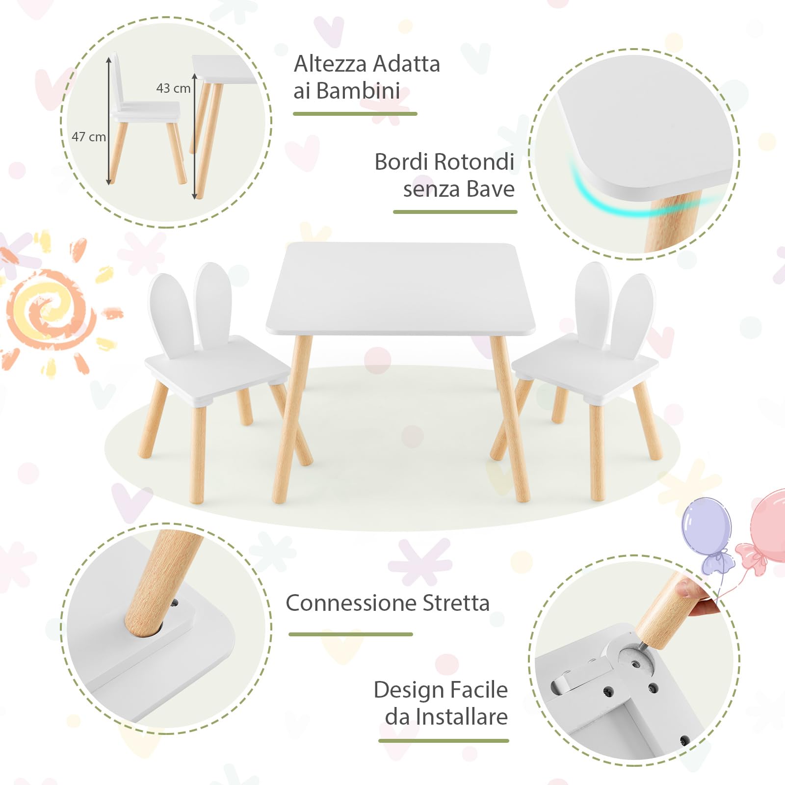 COSTWAY Set Tavolo e 2 Sedie per Bambini 3-6 Anni, Sedie Ergonomiche in Legno con Schienali a Forma di Orecchie di Coniglio, Portata 40kg, Salvaspazio, Ideale per Gioco e Disegno (Bianco)