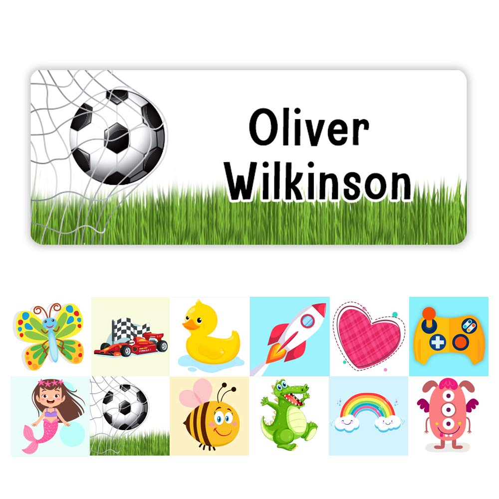 Pack of 42 Personalised Stick On Waterproof Name Labels for Children Water Bottles, Lunchbox, School Items - Name Stickers [55mm x 22mm] E10 Stickers Limited (Foot Ball) — image 1