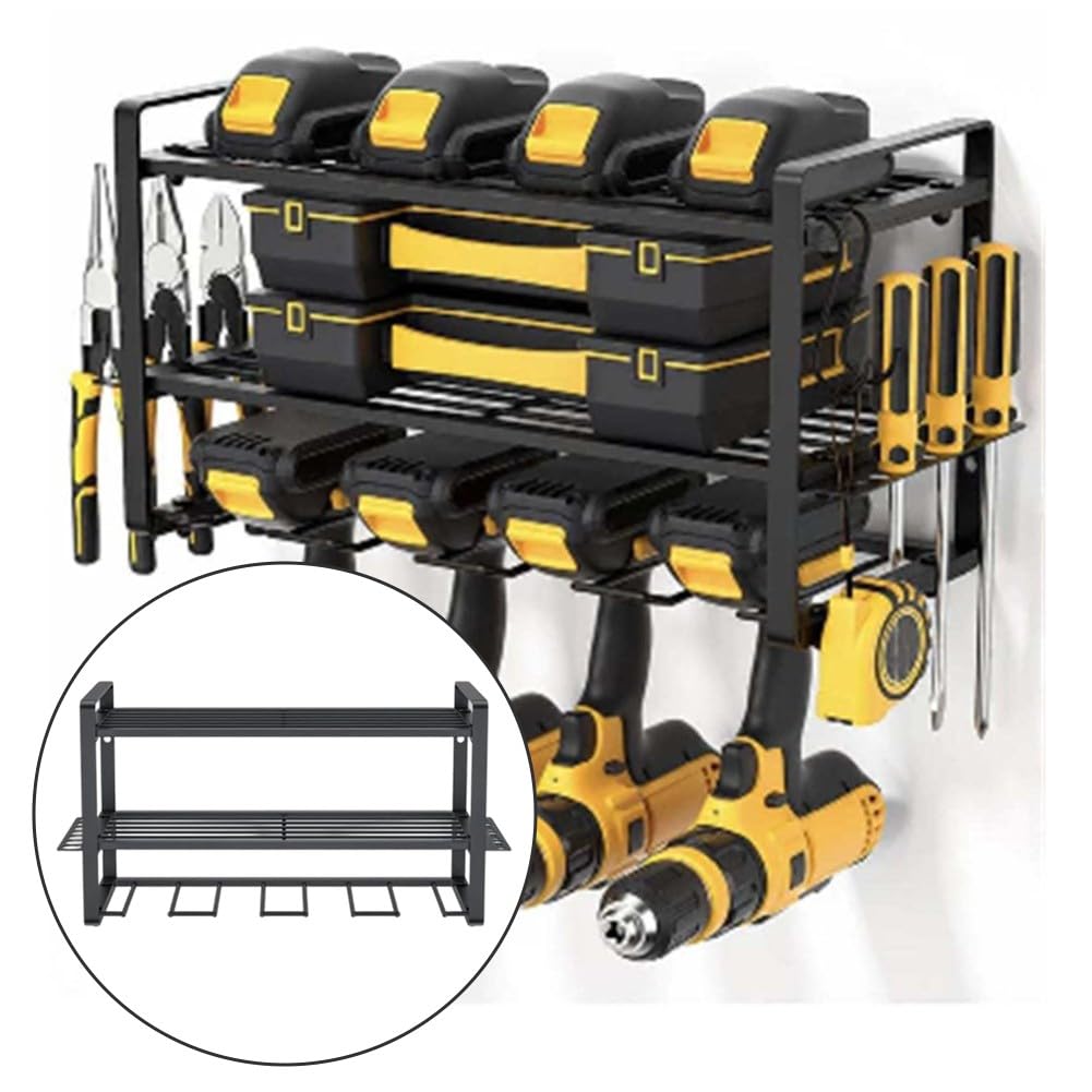 FACAIIO Scaffalatura a parete a 3 strati per utensili elettrici con cassetta degli attrezzi e porta batterie, garage e officina