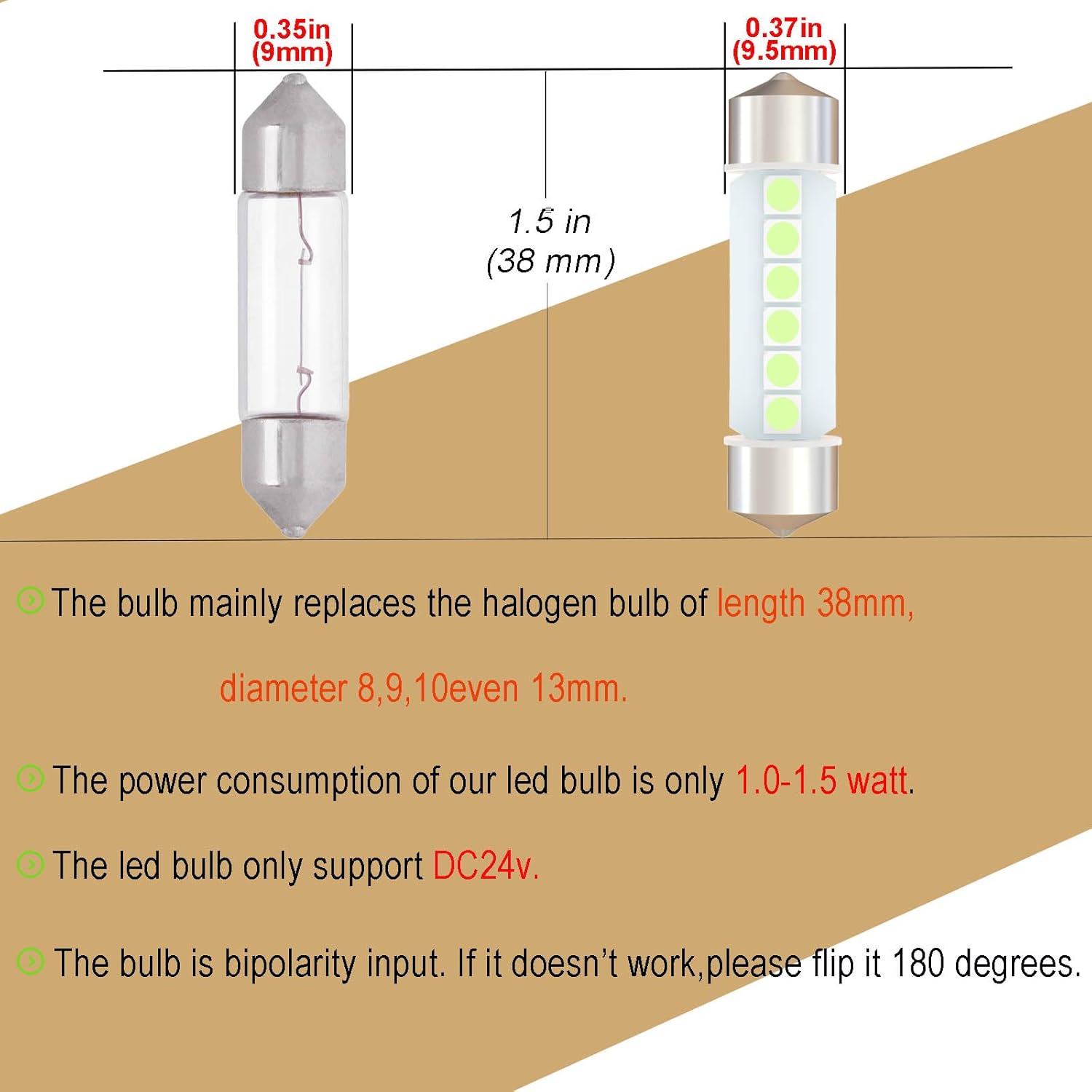 360 deg DC 24V 38mm Festoon 6418 LED Bulbs 6411 DE3425 LED Car Bulb Ice Blue for Truck Boat RV Interior Dome Glove box Trunk Lights (Pack 10)