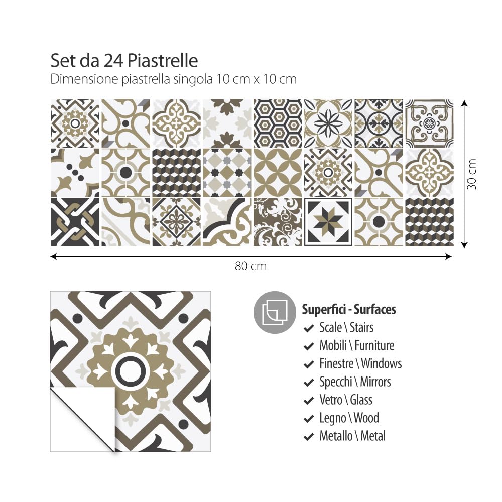 RE-COVERTILES - Adesivi per Piastrelle Bagno e Cucina 24 Pz 10x10 cm - PS00081 Decorazione murale in PVC Impermeabile mattonelle Mosaico Stile cementine Azulejos