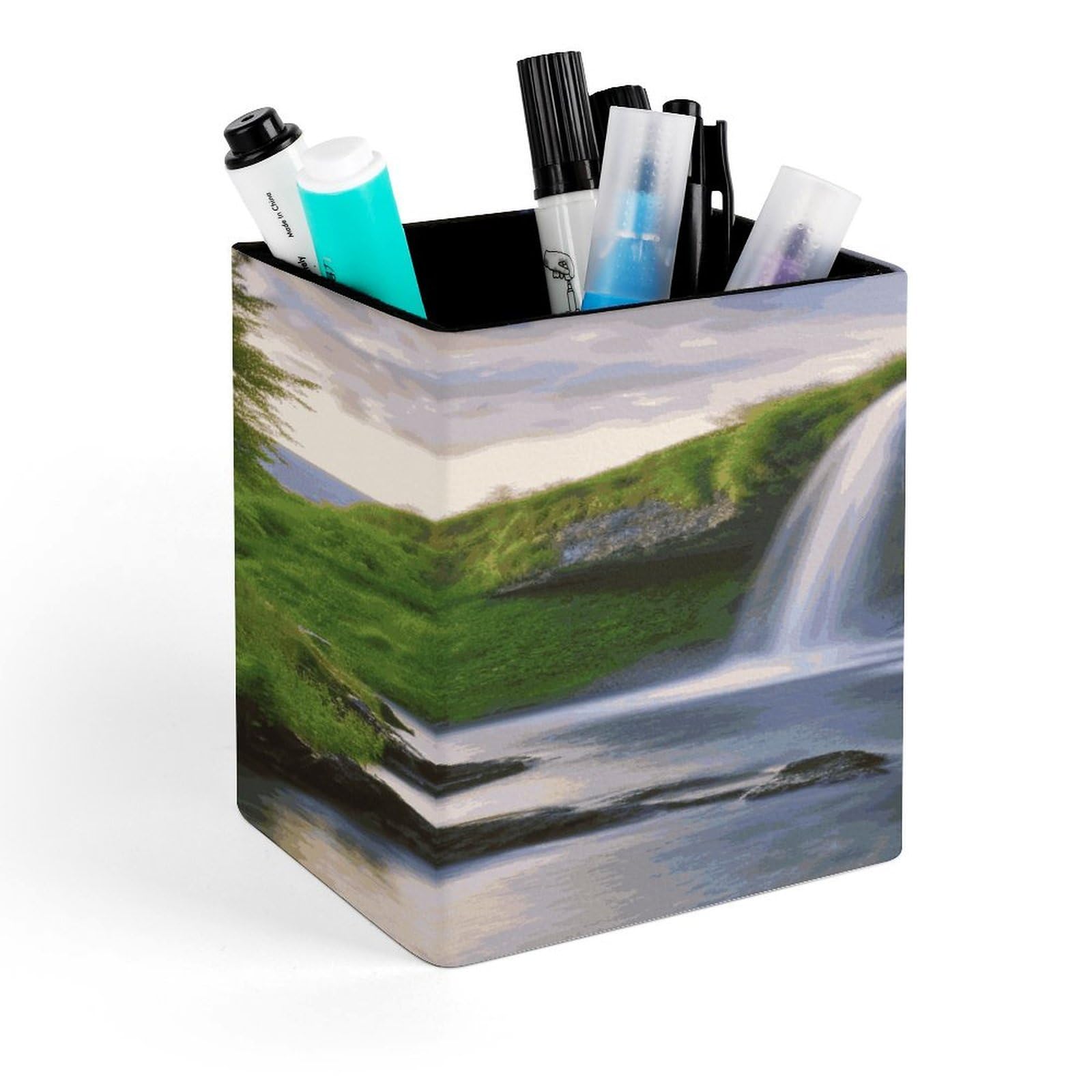 JTREHY - Waterfall Landscape Pen Holder Square Makeup Pencil Holder PU Leather Coaster Stationery Organizer Office Accessories Container Box