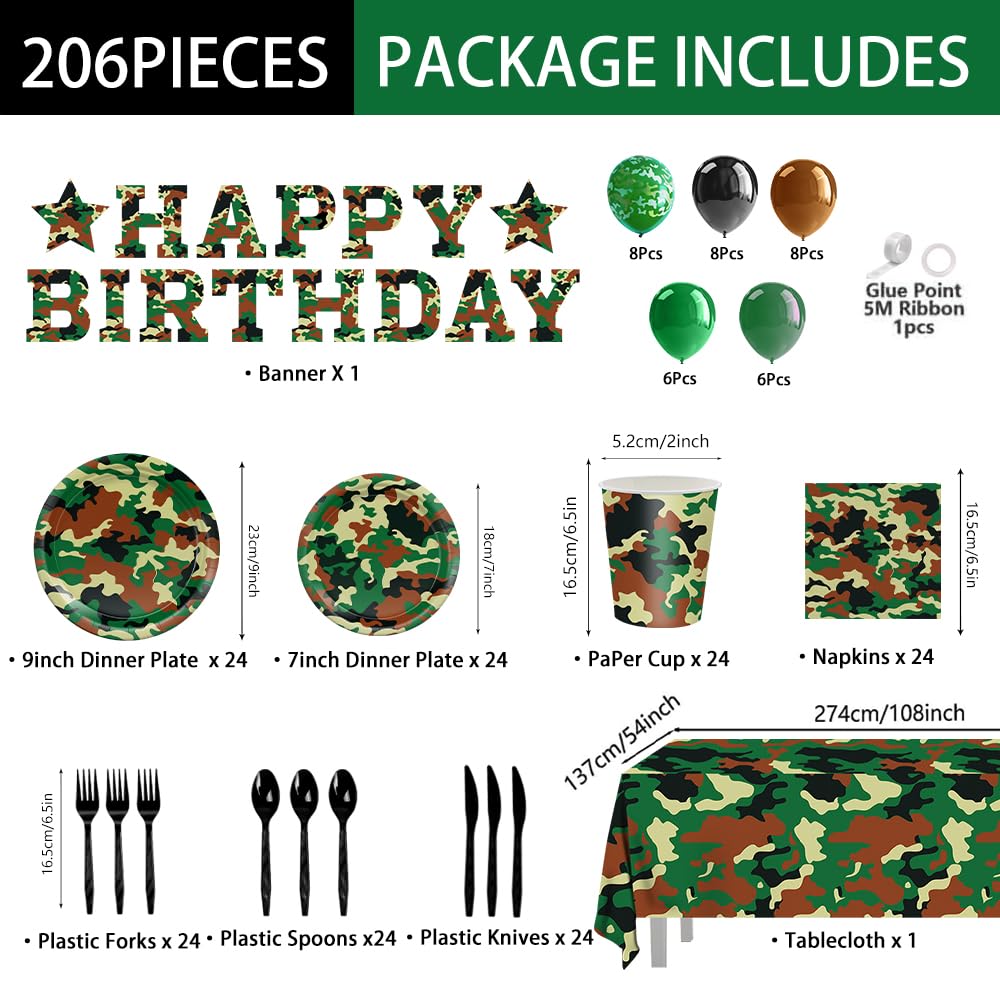 206pcs Camo Party Decorations Paper Plates Napkins Camouflage Tableware Set Disposable Cups Forks Knives Spoons with Camo Tablecloth Banner for Boy Camouflage Hunting Military Birthday Party Supplies