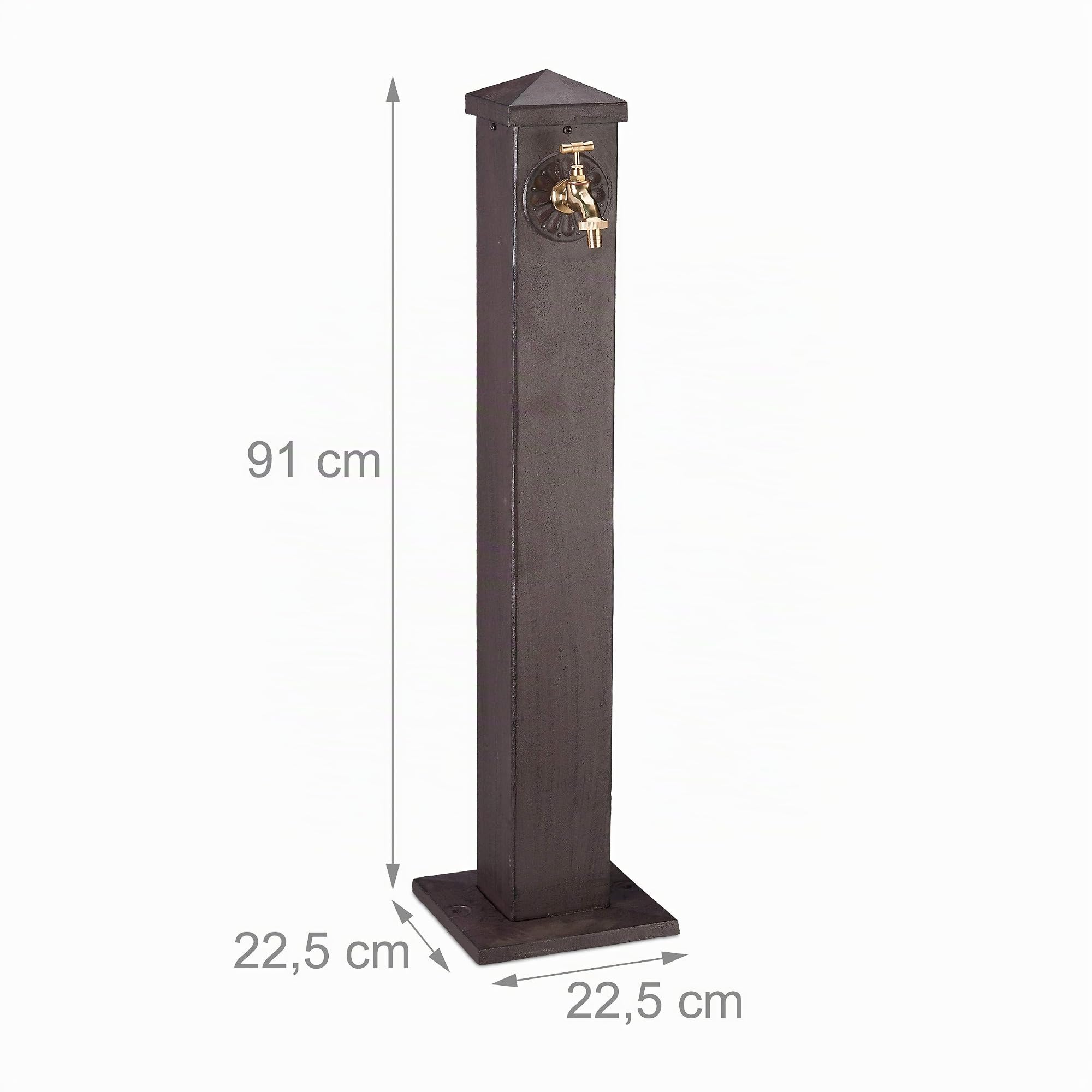 Relaxdays Fuente Jardín de Pie, Antigua, con Grifo, Toma 3/4, Forma de Columna Cuadrada, Aluminio, 1 Ud., 91 cm, Marrón