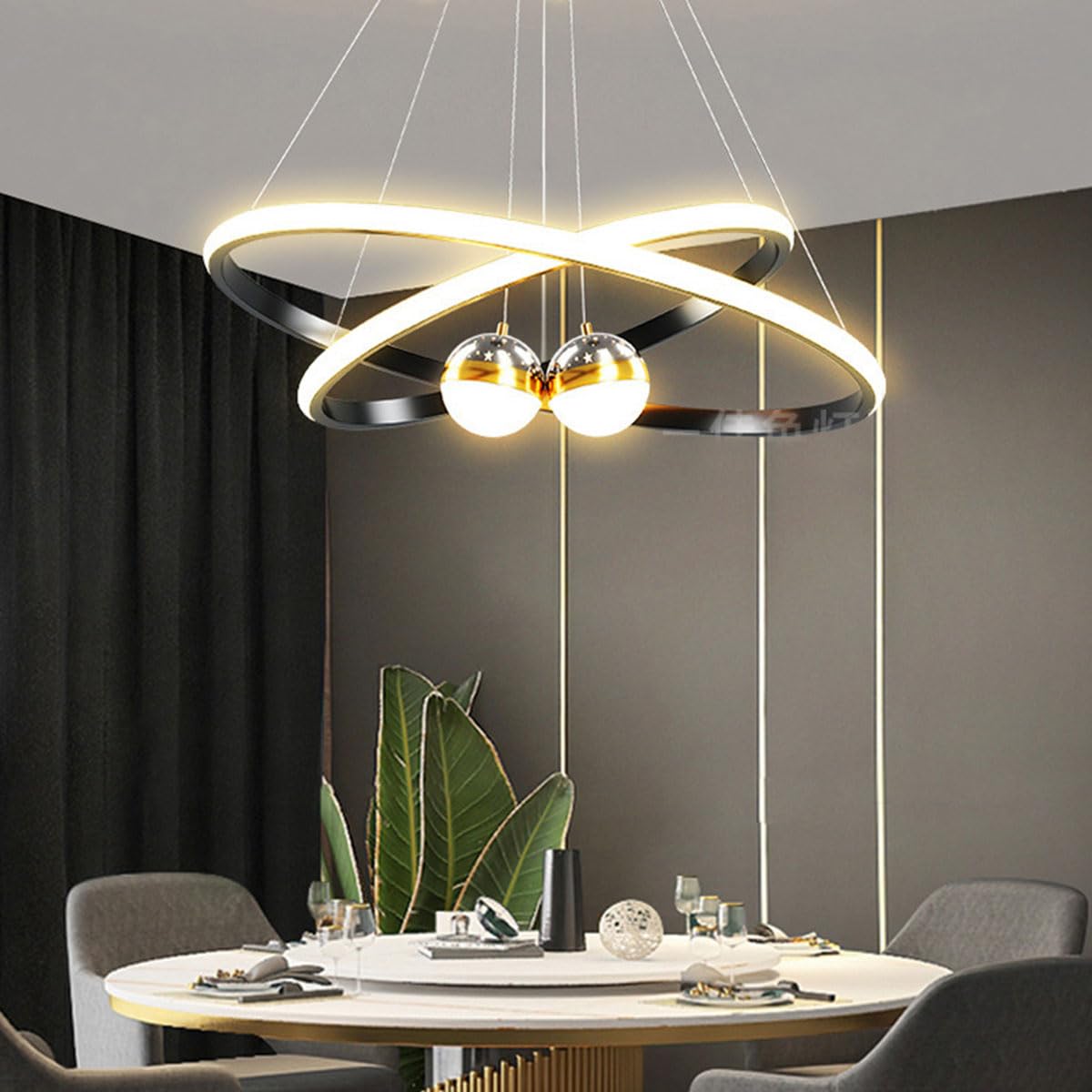 Aleaty LED Dining Table Pendant Lamp - Modern Dining Room Pendant with Remote Control - Black, 2-Rings