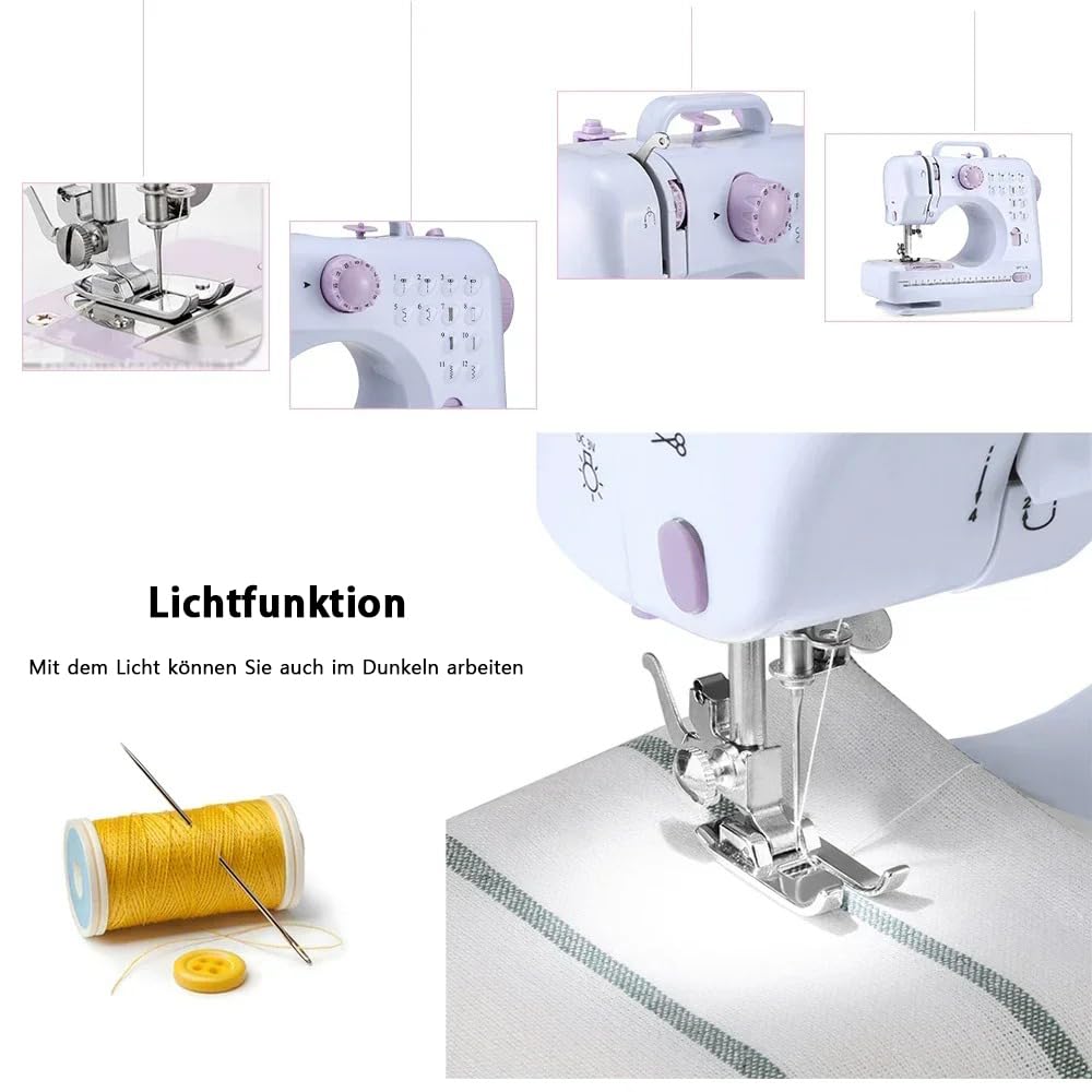 BRAVECOW MiNi, macchina da cucire con tavolo scorrevole, set di accessori da cucito per bambini e principianti, 12 punti integrati e luce LED integrata, pedale incluso