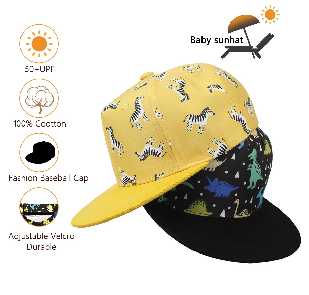 Baseballhut für Kinder, Kleinkind, Jungen, Mädchen, Sonnenschutz, Hut aus Baumwolle, für Babys, Mädchen, Jungen, Kinder, 2 Stück, blau und schwarz