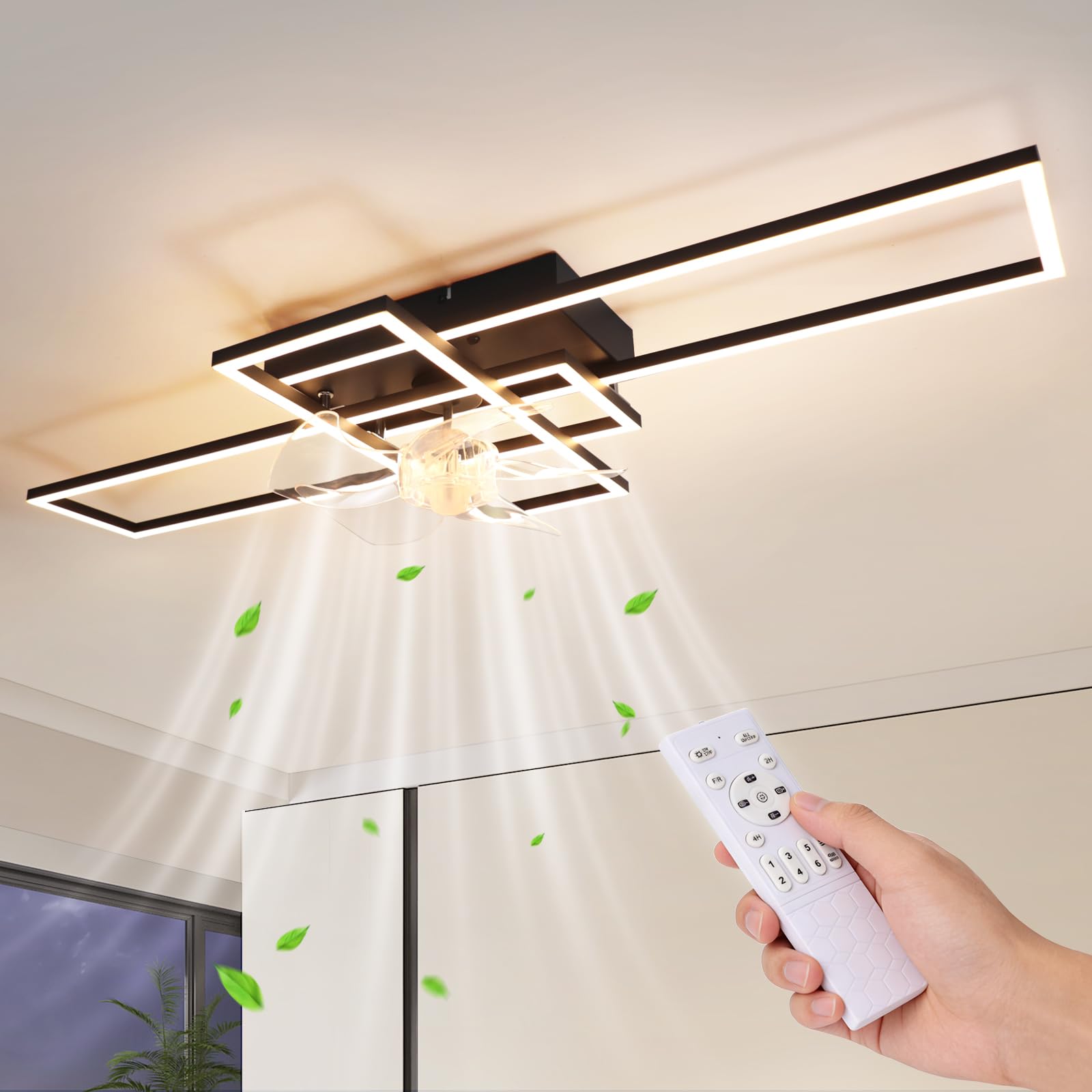 Deckenventilator mit Beleuchtung Deckenleuchte LED Deckenlampe | Schwarz 41W Dimmbar Ventilator Leise mit Light 6 Geschwindigkeiten Wohnzimmerlampe Groß Rechteckig für Schlafzimmer Küche