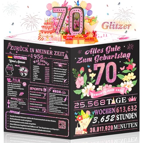 OLOSONG Geburtstagskarte 70 | 3D Pop Up Karte Geschenke Zum 70 Geburtstag für Frau Lustige Roségold Deko 70. Geburtstag Für Mama Oma Ehefrau Freunde Schwester Sie Back in 1956 Mit Umschlag