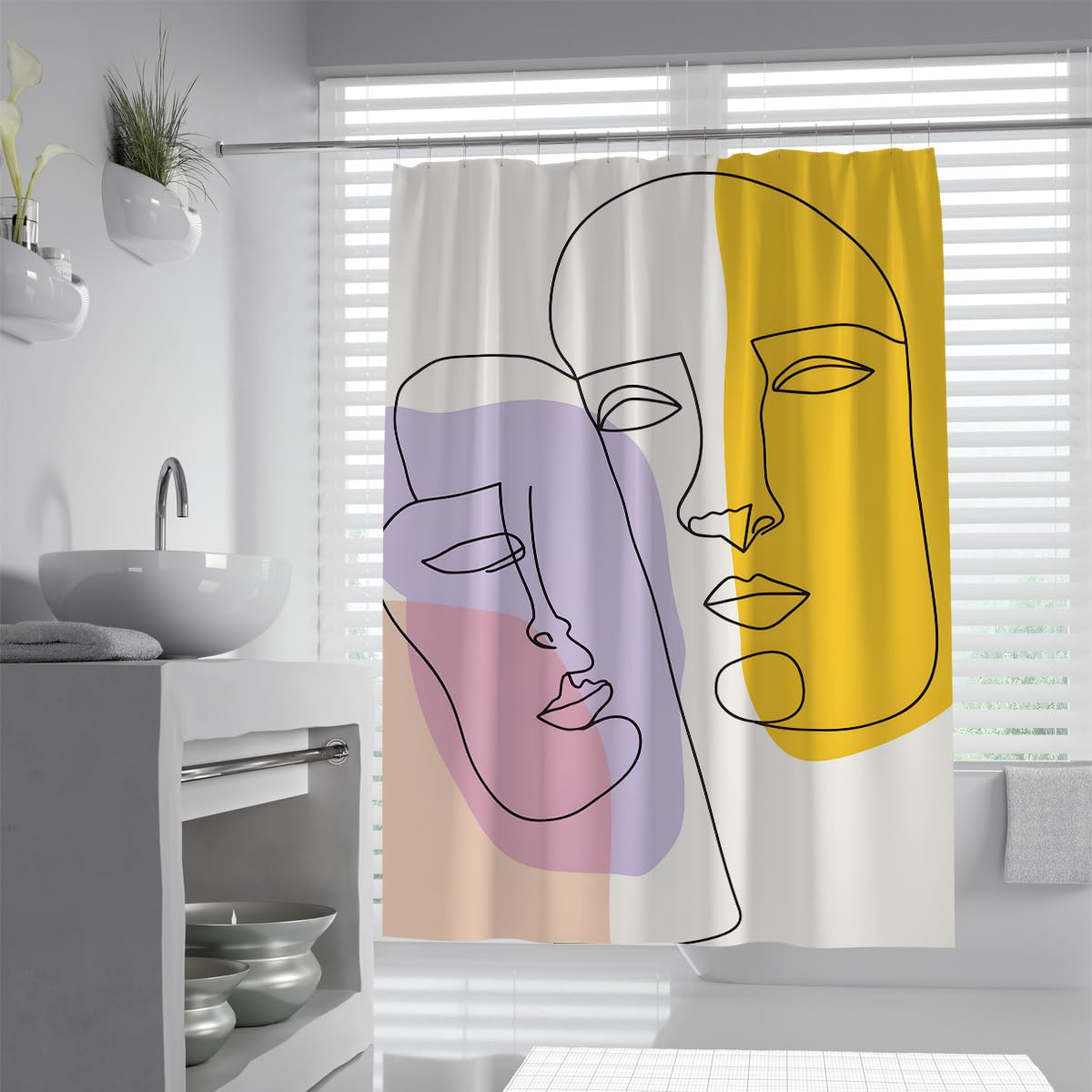 UIRINGART Contemporary Abstract Faces Bathroom Curtain W100xL180cm Modern Line Art Yellow Purple Fabric Waterproof Mildew Resistant Rustproof Grommets Apartment Essentials Screen With Hook