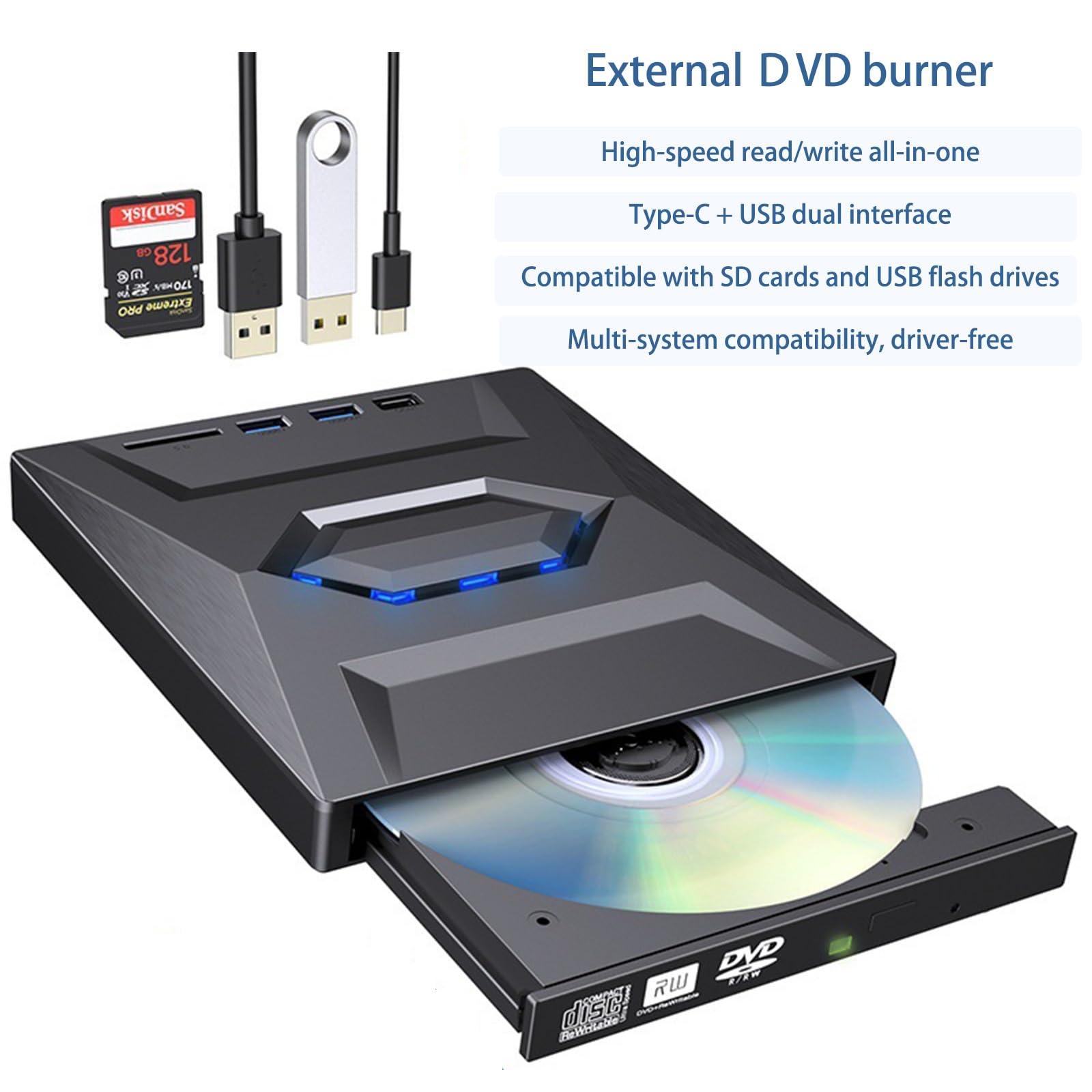 Ultracienki zewnętrzny napęd -ray DVD USB 3.0 i Type-C, nagrywarka optyczna 7 w 1 z czytnikiem kart SD, przenośny odtwarzacz CD/DVD do laptopa, komputera stacjonarnego, komputera PC
