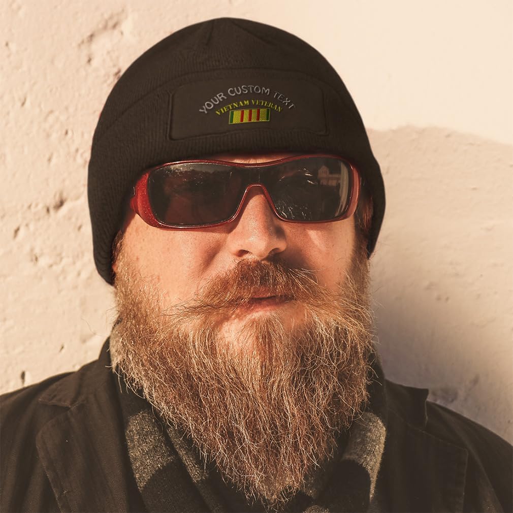 Custom Patch Beanie Vietnam Veteran Flag Embroidery Skull Cap Hats for Men & Women Winter Hats One Size