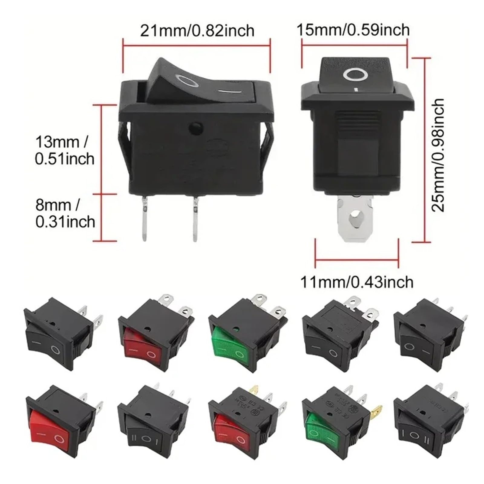 Interruttori a bilanciere KCD1 da 10 pezzi, interruttori on/off illuminati a 3 pin SPST 3A 250 V da 15x21 mm for piccoli elettrodomestici ed elettronica(Red 3Pin,100 PCS)