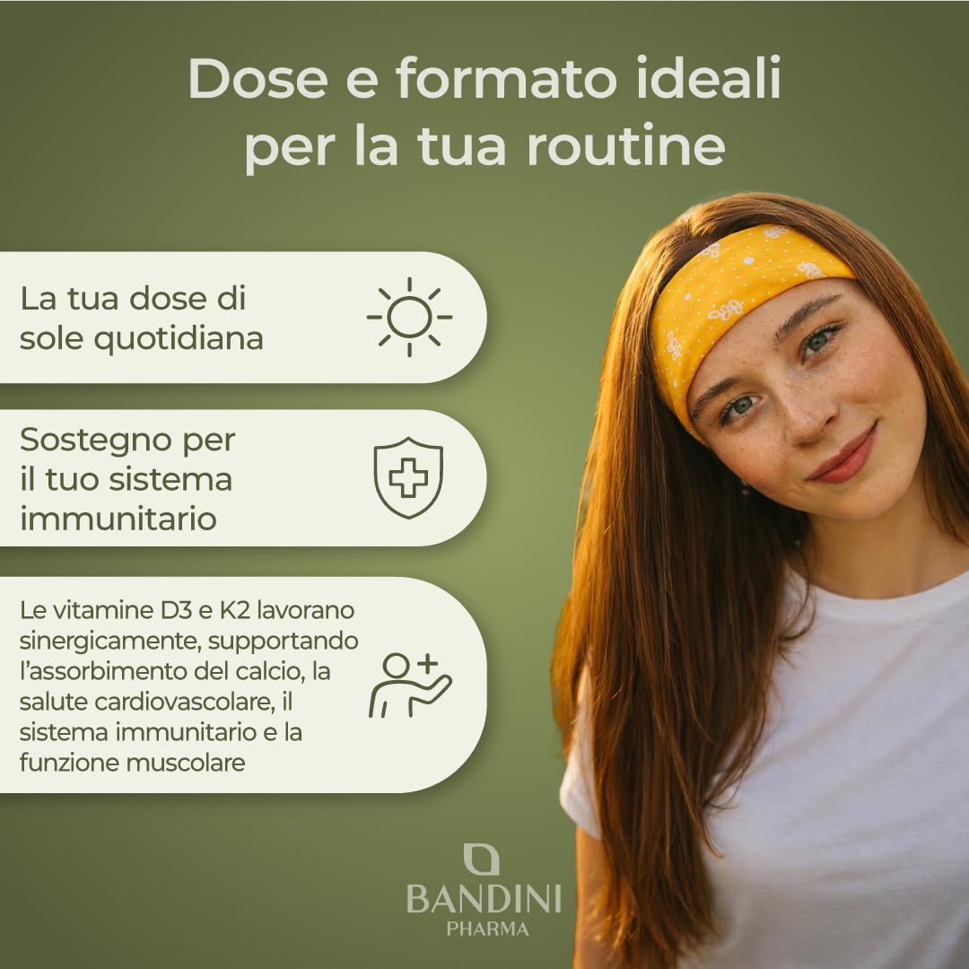 Bandini® Vitamina D3 K2 Gocce, in Olio Extra Vergine di Oliva EVO, Vitamine D Colecalciferolo 1000 UI per Goccia + Vit K MK-7 Menachinone Kappa 99,7% 100 mcg per Goccia, con pratico Contagocce