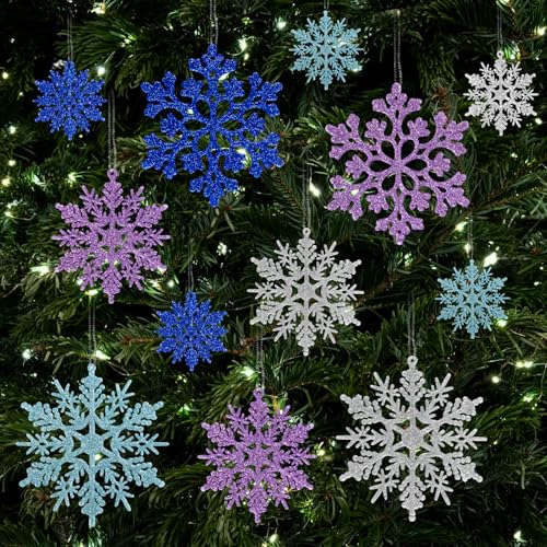 36pcs Light Purple Blue Silver Christmas Snowflake Ornaments, Plastic Glitter Hanging Snow Flakes for Christmas Tree Decorations Winter Wonderland Frozen Birthday Party Home Decor Craft Snowflakes