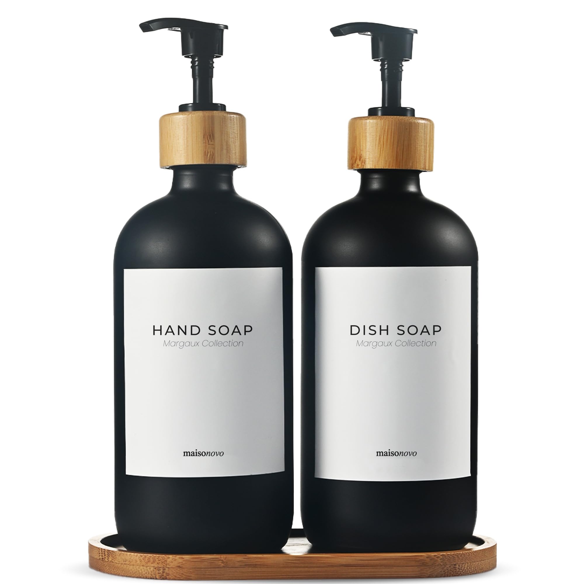MaisoNovo Glass Dish Soap Dispenser for Kitchen Set of 2-16.9oz Dish and Hand Soap Dispenser Set for Kitchen - Black Glass Bottles x 2 with Black