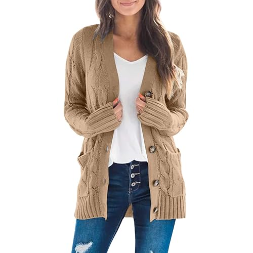 MEROKEETY Women's Long Sleeve Cable Knit Sweater Open Front Cardigan Button Loose Outerwear