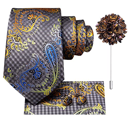 Image of Hi-Tie Blue Grey Ties for Men Silk Paisley Men's Ties and Flower Lapel Pin Set Pocket Square Cufflinks 4PCS Necktie for Wedding