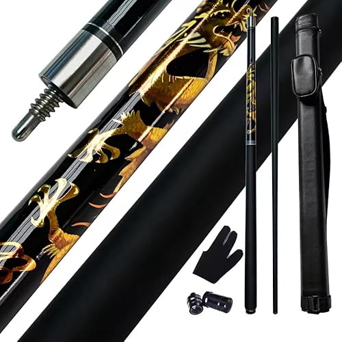 Dragon Pattern Pool Cue - 12.5mm Green Multi-Layer Tip, 1/2 Split Billiard Cue Stick with Case & Glove, Stainless Steel Quick-Connect, Fiberglass Shaft