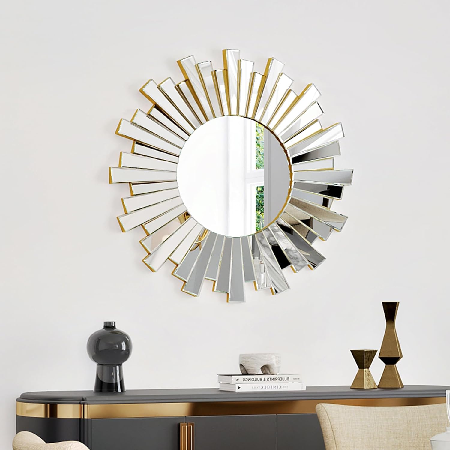 PERHOM 26"x26" Sunburst Mirror for Wall Decor, Modern Decorative Mirrors for Living Room, Bedroom, Entryway, Dinner Room, Fireplace