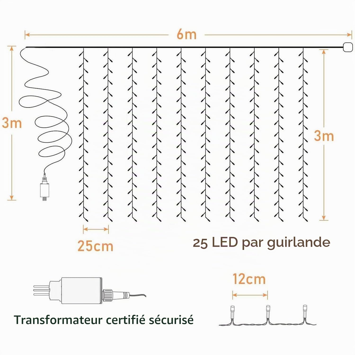 Elegear Rideau Guirlande Lumineuse 3M*6M 600 LEDs Blanc Chaud, Rideau Lumineux 8 Modes d'Eclairage Avec Adaptateur Secteur Etanche IP44 pour Décoration Rideaux Fenêtre Balcon Terrasse Véranda