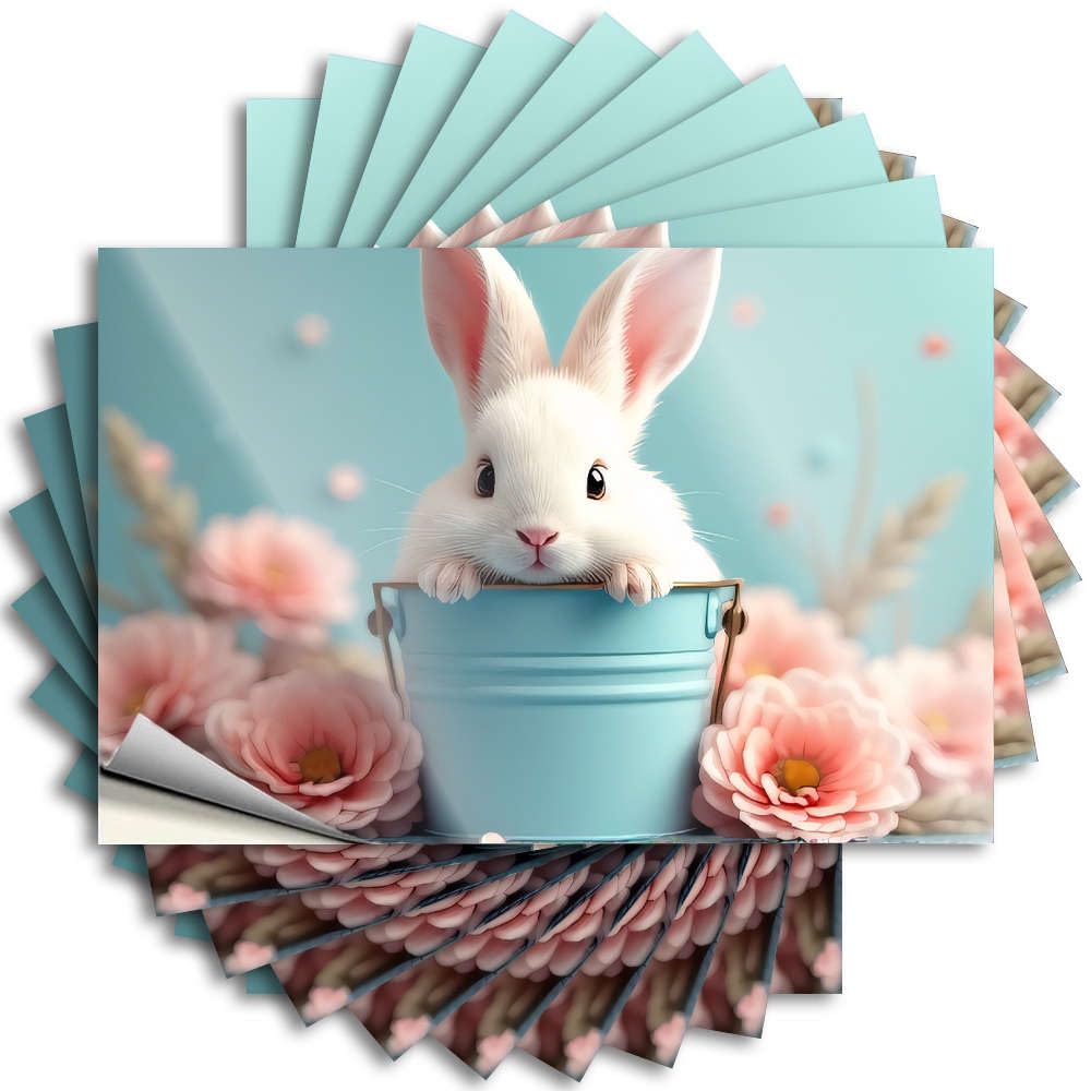 Home Gifts Case Funny Sticker | A Cute White Bunny in A Blue Bucket Surrounded By Pink Flowers. Square for Sports Decor(6X9CM)