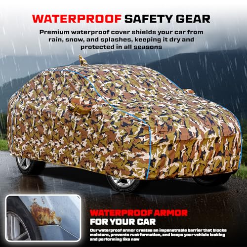 Image of Maruti Suzuki Dzire 100% Waterproof Car Cover for All Weather Protection with Mirror & Antena Pocket Inner Cotton Triple Stitched Adjustable Belt Bottom Elastic Cover to Secure Fit -Jungle