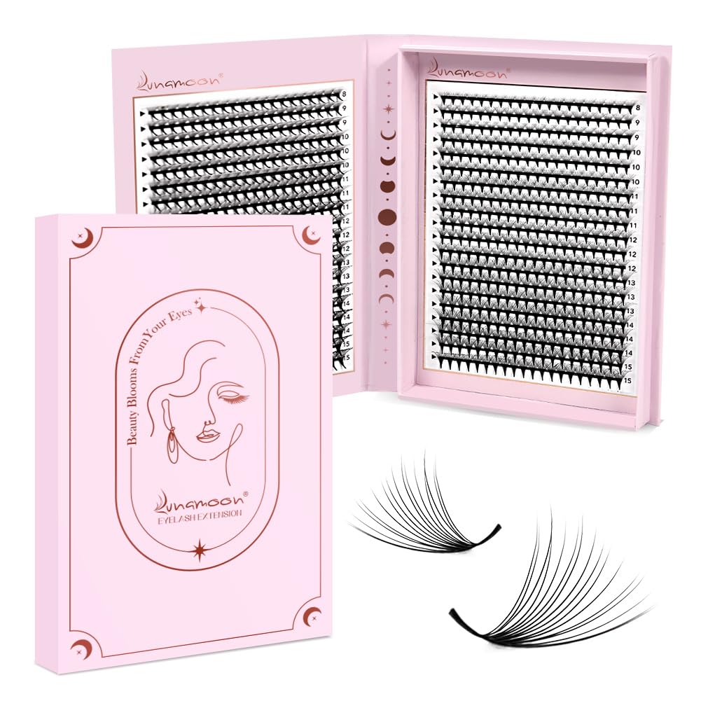 Lunamoon 800 Fans Premade Volume Eyelashes Extension 16D-0.07-C, 8-15mm Black PBT Fibre
