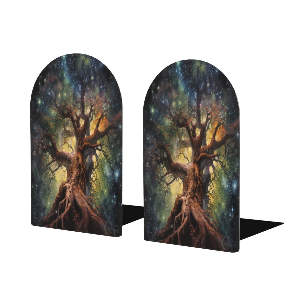 (2 PCS/1 Pairs) Wood Bookends Starry Sky Tree Space Decorative Wood Bookends for Student School Shelves Kids Room Desk Home Office Book Stoppers for Holiding Books 5x3 Inch