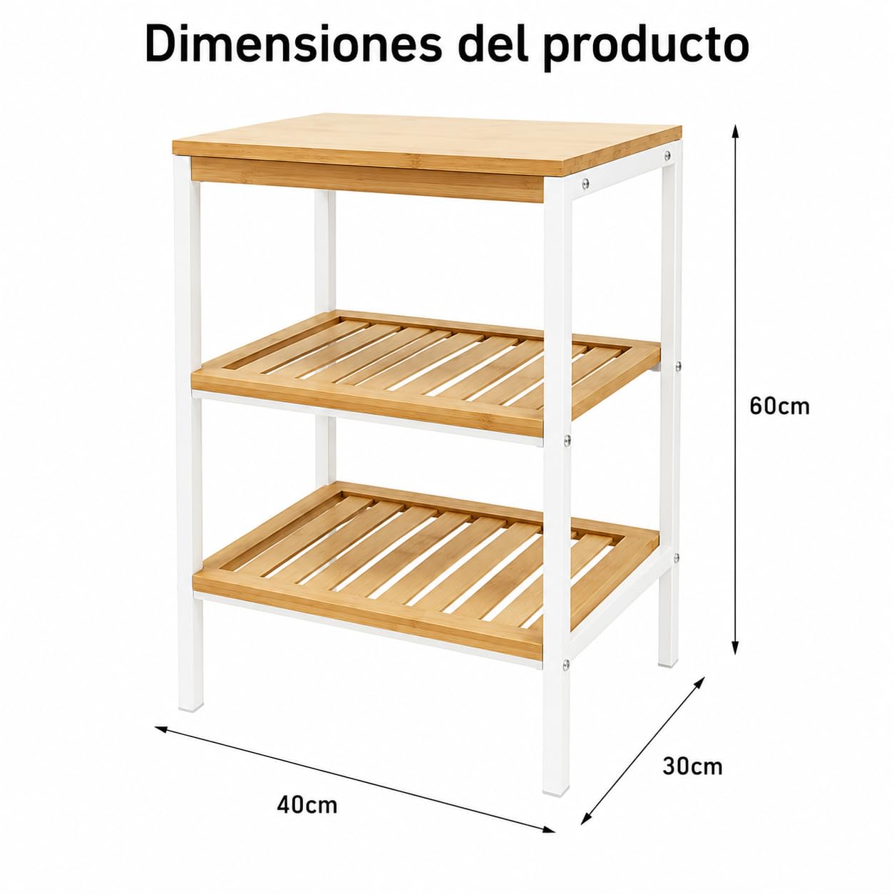 Estantería de Bambú con Marco de Metal de 3 Niveles 40x60x30cm Desmontable - Estantería Organizador para Baño, Salón, Dormitorio de 3 Estantes
