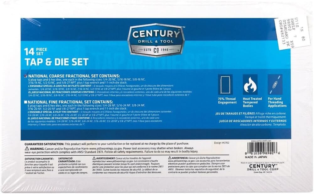 Century Drill & Tool 98902 National Coarse Fractional Tap and Die Set, 14-Piece, Steel