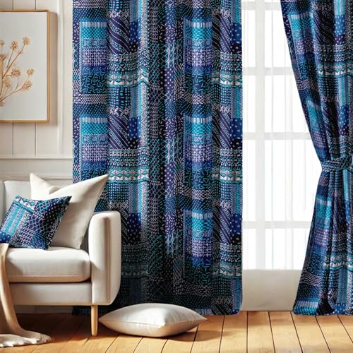 Vargottam Geometric Patch Design Blackout Curtains - Set of 2 Panels, 52 x 72 Inches Each - Light Blocking & Thermal Insulated Drapes with Grommet Top for Bedroom & Living Room - Blue