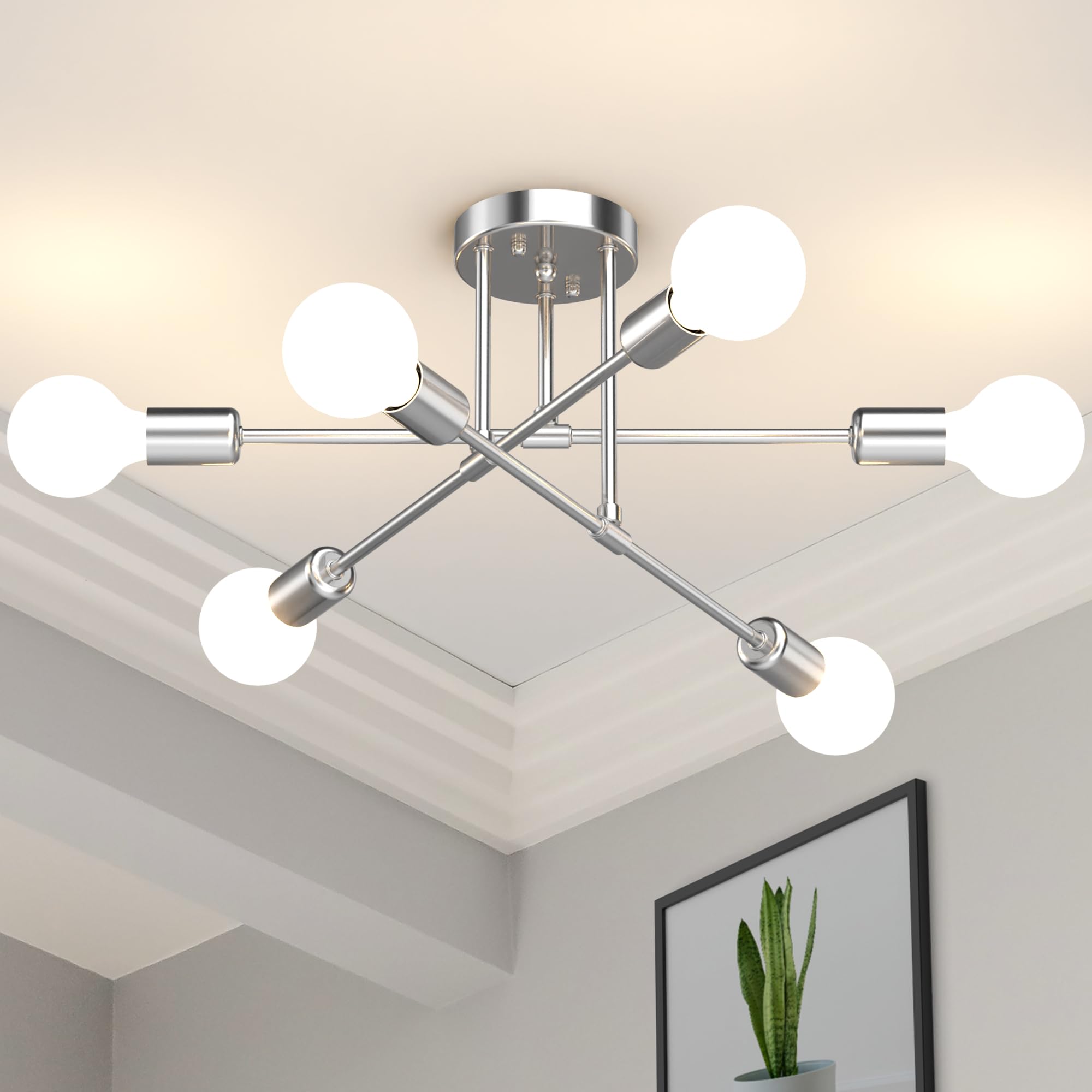 Modern Sputnik Chandelier Ceiling Light Fixtures 6-Lights 22 Mid Century Industrial Metal Semi Flush Mount for Dining Room