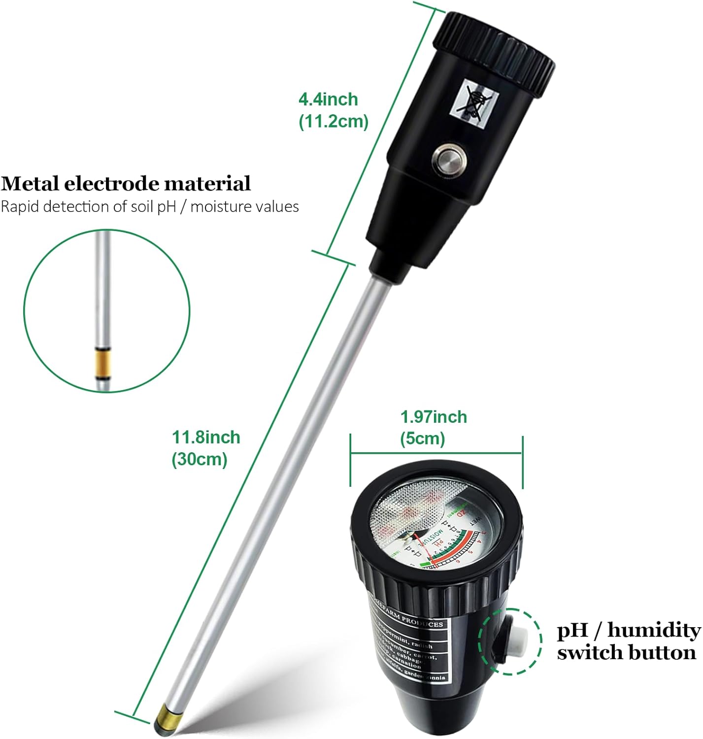 2-in-1 Soil Meter, 300 mm Long Probe, Soil Moisture Meter, pH Meter, Soil pH and Moisture Meter, Soil Tester, Hygrometer for Garden, Farm, Lawn, No Battery Required