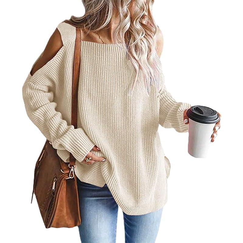 Womens Cold Shoulder Sweater Casual Loose Off The Shoulder Long Sleeve Sweater Fall Ribbed Knit Top