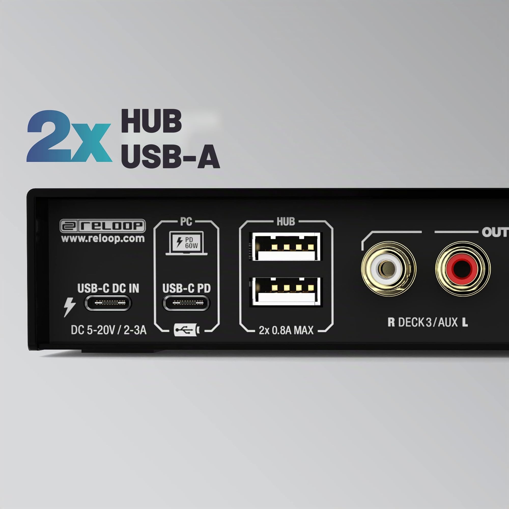 Reloop Flux - Interfaccia 6x6 IN/OUT USB-C DVS per Serato DJ Pro, 24-bit/96 kHz, compatibile con giradischi, CDJ o altri lettori multimediali, hub USB-A a 2 porte, robusto alloggiamento in metallo.